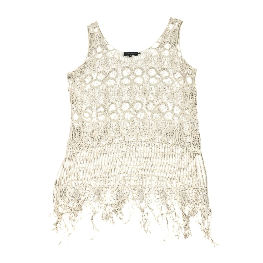 Ivory Club Z Collection Crocheted Beachy Boho Top Shirt Fringe Hem Cover-up L/XL